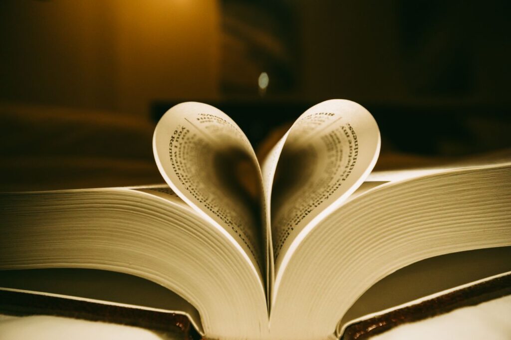 A creatively arranged book with pages forming a heart shape, illuminated by warm light, symbolizing love for reading.